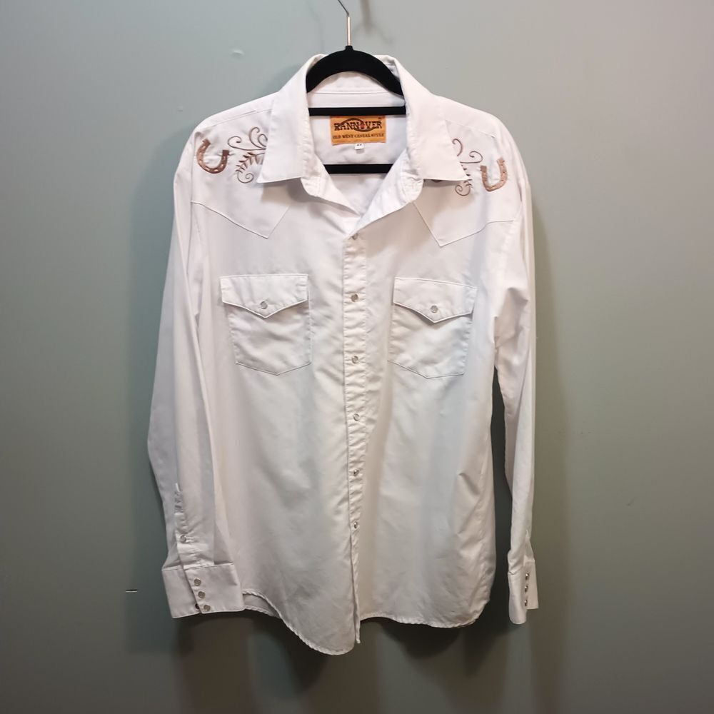 Hanover Western Embordered Mens White Shirt‎ With Pearl Snaps Size 44 L